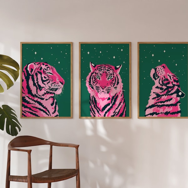 3 Boho Tiger Prints Gallery Wall Bedroom Prints Living Room Pink Dark Green Decor Unframed Trendy 7x5 8x10 A4 A3