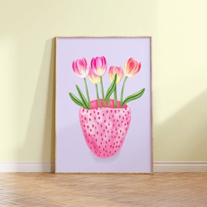 Jarrón con tulipanes y fresas, estampados de flores para sala de estar, dormitorio, decoración de pared con estampado floral, flores botánicas, bonito póster rosa, tamaño A5, A4, A3, A2