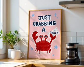 Snack Crab Art Print: Kitchen Wall Art Funny Quirky Food Lover Poster Cute Kitchen Decor Pink Kitchen Print A4 A3 A2 50x70cm