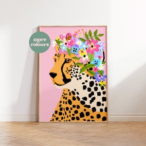 Flower Crown Cheetah Print / Bedroom Print / Bathroom / Animal / Colourful / Nursery / Botanical / Wall Art / Retro / A5 A4 A3 A2