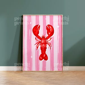 Lobster Stripes Kitchen Print: Pink Coastal Wall Art
