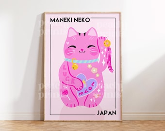 May include: A pink Maneki Neko, a Japanese lucky cat, with a raised paw, holding a heart with the word "love" on it. The cat has a blue collar with a bell and is surrounded by glitter and other cute details. The text "MANEKI NEKO" and "JAPAN" are at the top and bottom of the image.
