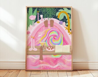 Pink Rainbow Bath Art Print: Botanical Boho Bathroom Decor