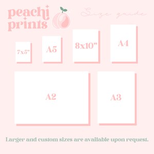 May include: A size guide for prints, featuring various paper sizes including 7x5 inches, 8x10 inches, A5, A4, A2, and A3. The text "peachi prints" and a peach graphic are at the top. The text "Larger and custom sizes are available upon request" is at the bottom.