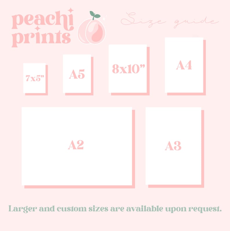 May include: A size guide for prints, featuring various paper sizes including 7x5 inches, 8x10 inches, A5, A4, A2, and A3. The text "peachi prints" and a peach graphic are at the top. The text "Larger and custom sizes are available upon request" is at the bottom.