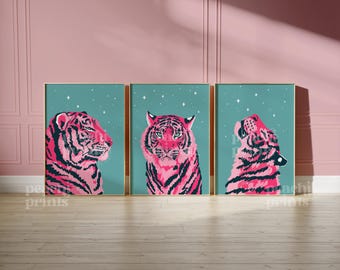 Pink Tiger Art Print Set: Trendy Boho Gallery Wall Decor