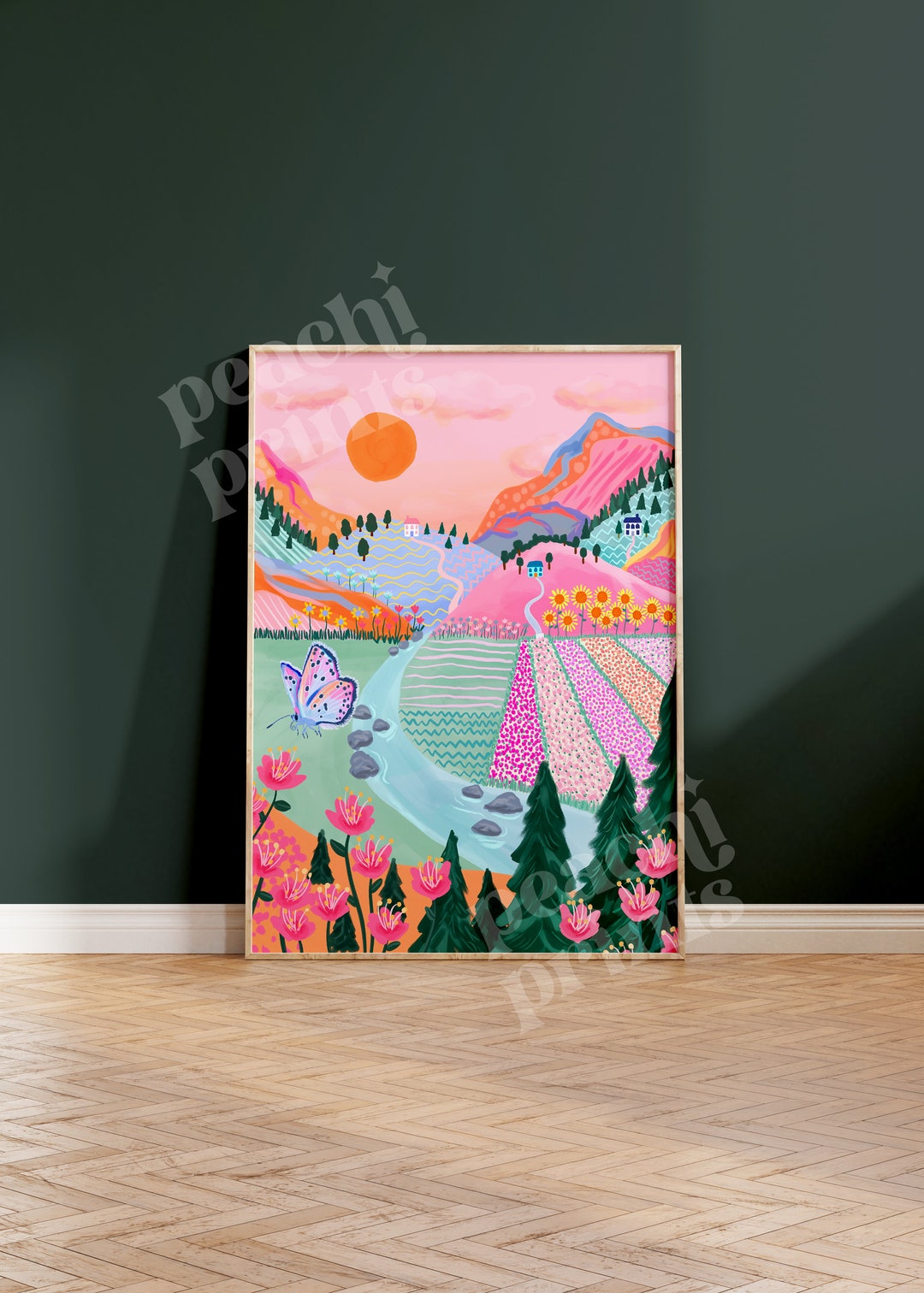 Colourful Mountain Landscape Wall Art Print Vibrant Sunset Botanical