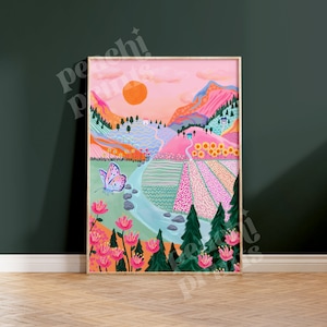 Impressão de arte de parede de paisagem de montanha colorida, pôr do sol vibrante, floresta botânica, impressão de natureza, campo, flor, prado, arte A4/A3/8X10/50 x 70 cm