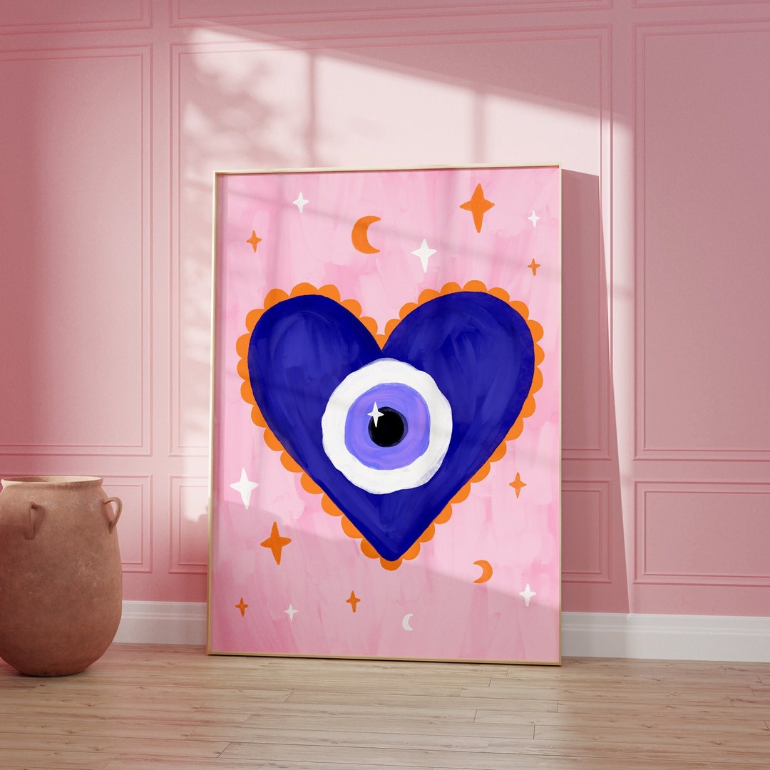 Evil Eye Heart Print Pink Bedroom Wall Art Greek Decor Spiritual ...