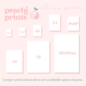 May include: A light pink size guide for Peachi Prints featuring a peach icon and various paper dimensions including 6x4", 7x5", 8x10", A5, A4, A3, A2, and 50x70cm. The text reads Peachi Prints, Size guide, and Larger and custom sizes are available upon request.