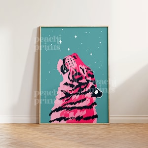 Pink Zen Tiger Print: Teal Bedroom Wall Art