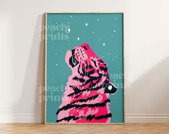 Pink Zen Tiger Print: Teal Bedroom Wall Art