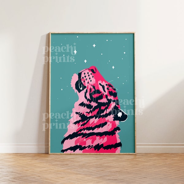 Pink Zen Tiger Print Bedroom Wall Art Teal Prints Animal Living Room Art Bright Colourful Pink Calming Prints Eclectic A4 A3 50x70cm