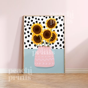 May include: A digital illustration of a bouquet of sunflowers in a pink vase with a geometric pattern. The background is a black and white polka dot pattern.