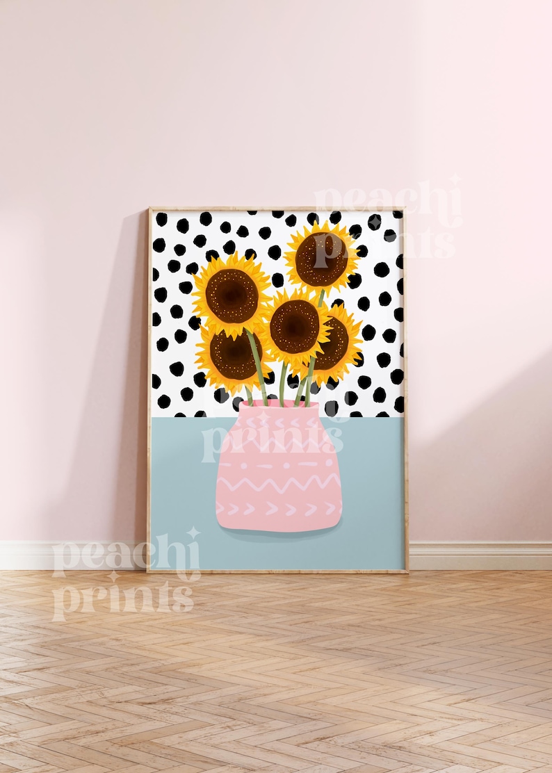 May include: A digital illustration of a bouquet of sunflowers in a pink vase with a geometric pattern. The background is a black and white polka dot pattern.