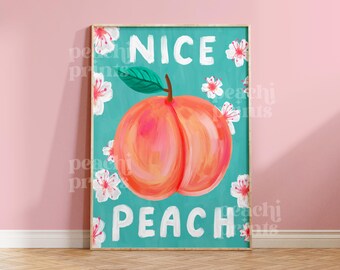 Funny Peach Bathroom Art Print: Quirky Teal Decor