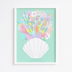 May include: A white seashell with a bouquet of pastel colored flowers inside. The flowers are pink, purple, yellow, blue, and green. The background is a light green.