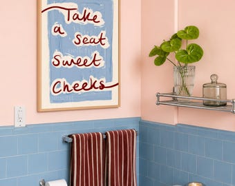 Sweet Cheeks Bathroom Print, Funny Bathroom Wall Art, Abstract Blue Poster, Modern Midcentury Art