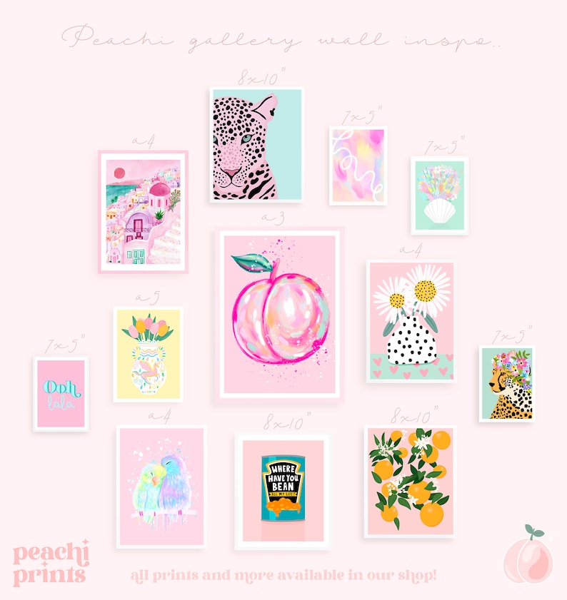 May include: A collection of framed art prints in various sizes, including 8x10 inches and 7x5 inches. The prints feature colorful illustrations of a leopard, a peach, flowers, and other whimsical designs. The text "Peachi prints" is visible.