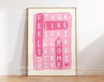 Feels Like Home-afdruk: roze pastelkleurige woordkunst, galeriewanddecoratie