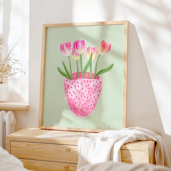 Strawberry Tulips Vase Print: Whimsical Floral Wall Art, Green Bedroom Wall Art