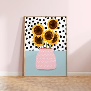 Potted Sunflower Spot Art Print Bedroom Print Pink Wall Art Unframed 6x4 A5 A4 A3 A2 Pastel Art Plant Print Living Room Decor