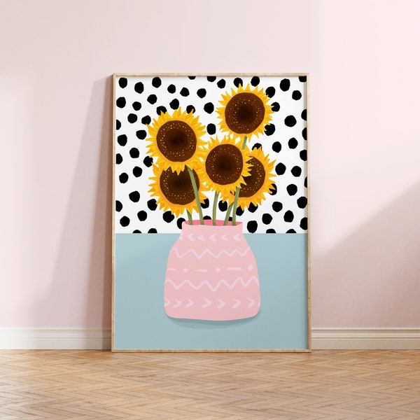 Potted Sunflower Spot Art Print Bedroom Print Pink Wall Art Unframed 6x4 A5 A4 A3 A2 Pastel Art Plant Print Living Room Decor