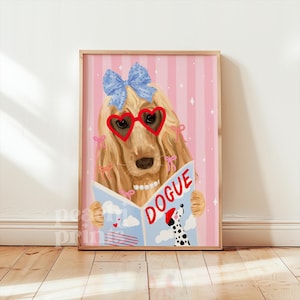 Póster retro con estampado de perro Cocker Spaniel, divertido póster de perro leyendo, color rosa pastel, tamaño A5/A4/A3/A2