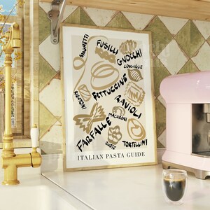 Może przedstawiać: Ramka z plakatem o białym tle i czarnym napisem "ITALIAN PASTA GUIDE". Plakat zawiera ilustracje r&oacute;żnych rodzaj&oacute;w makaronu, w tym spaghetti, fusilli, gnocchi, conchiglie, rigatoni, fettuccine, ravioli, farfalle, makaron, ruote i tortellini.