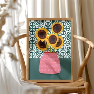 Sunflower Print: Gouache Botanical Art, Aztec Vase Poster image 1