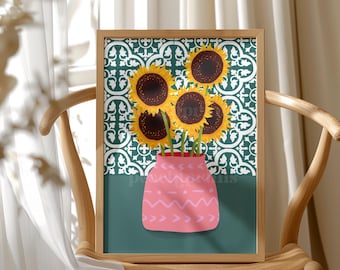 Sunflower Print: Gouache Botanical Art, Aztec Vase Poster