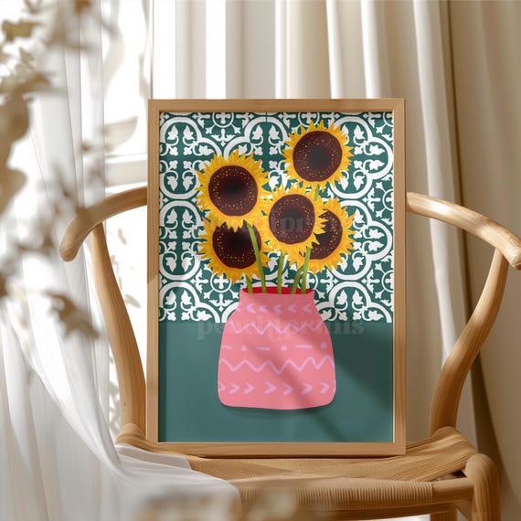 Sunflower Print: Gouache Botanical Art, Aztec Vase Poster