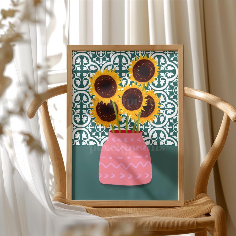 Sunflower Print: Gouache Botanical Art, Aztec Vase Poster image 1