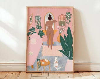 Impressão de arte boho para banheiro: mulher botânica, decoração de amor próprio