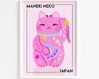 Maneki Meko Cat Print Bedroom Prints Japanese Lucky Cat Pink Bedroom Decor Cat Lover Kawaii Art Wall Art Decor Nursery Girls Room A5/A4/A3