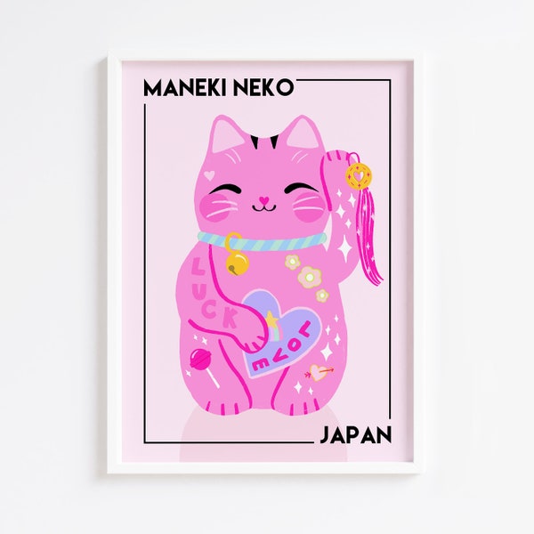 Maneki Meko Cat Print Bedroom Prints Japanese Lucky Cat Pink Bedroom Decor Cat Lover Kawaii Art Wall Art Decor Nursery Girls Room A5/A4/A3