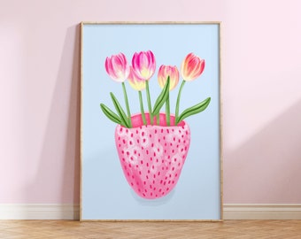 Strawberry Tulips Vase Print Living Room Bedroom Flower Prints Floral Print Wall Art Decor Flowers Botanical Pink Pretty Poster A5 A4 A3 A2