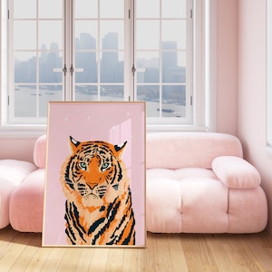 Naranja estrellado tigre impresión pared arte impresiones rosa decoración rosa impresiones animales impresiones arte cartel ilustración impresiones colorido brillante dormitorio A4/A3