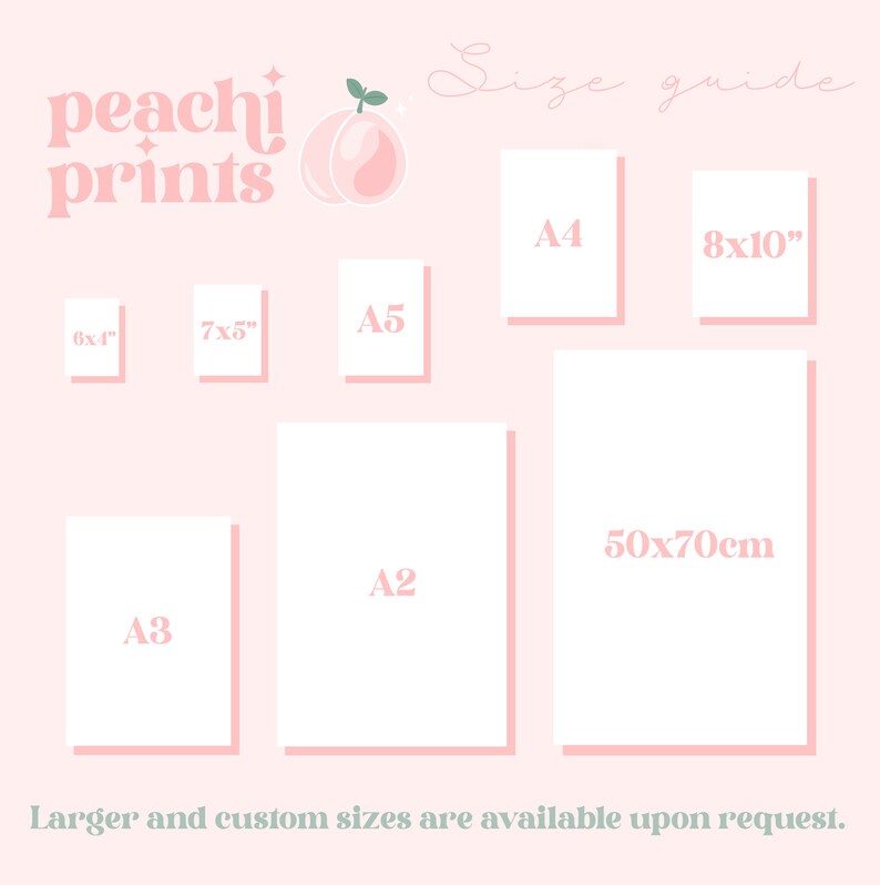 Może przedstawiać: Przewodnik po rozmiarach Peachi Prints z grafiką brzoskwini.  Rozmiary wydruk&oacute;w obejmują 6x4 cale, 7x5 cali, A5, A3, A2, A4, 8x10 cali i 50x70 centymetr&oacute;w.  Dostępne są większe i niestandardowe rozmiary na życzenie.