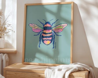 Bee Print: Colourful Bedroom Wall Art, Teal Poster