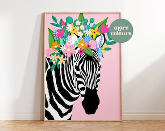 Floral Zebra Print: Colourful Botanical Crown, Animal Wall Art
