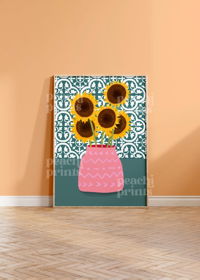 May include: A digital illustration of a bouquet of sunflowers in a pink vase with a geometric pattern. The sunflowers are against a teal background with a white and teal patterned design.