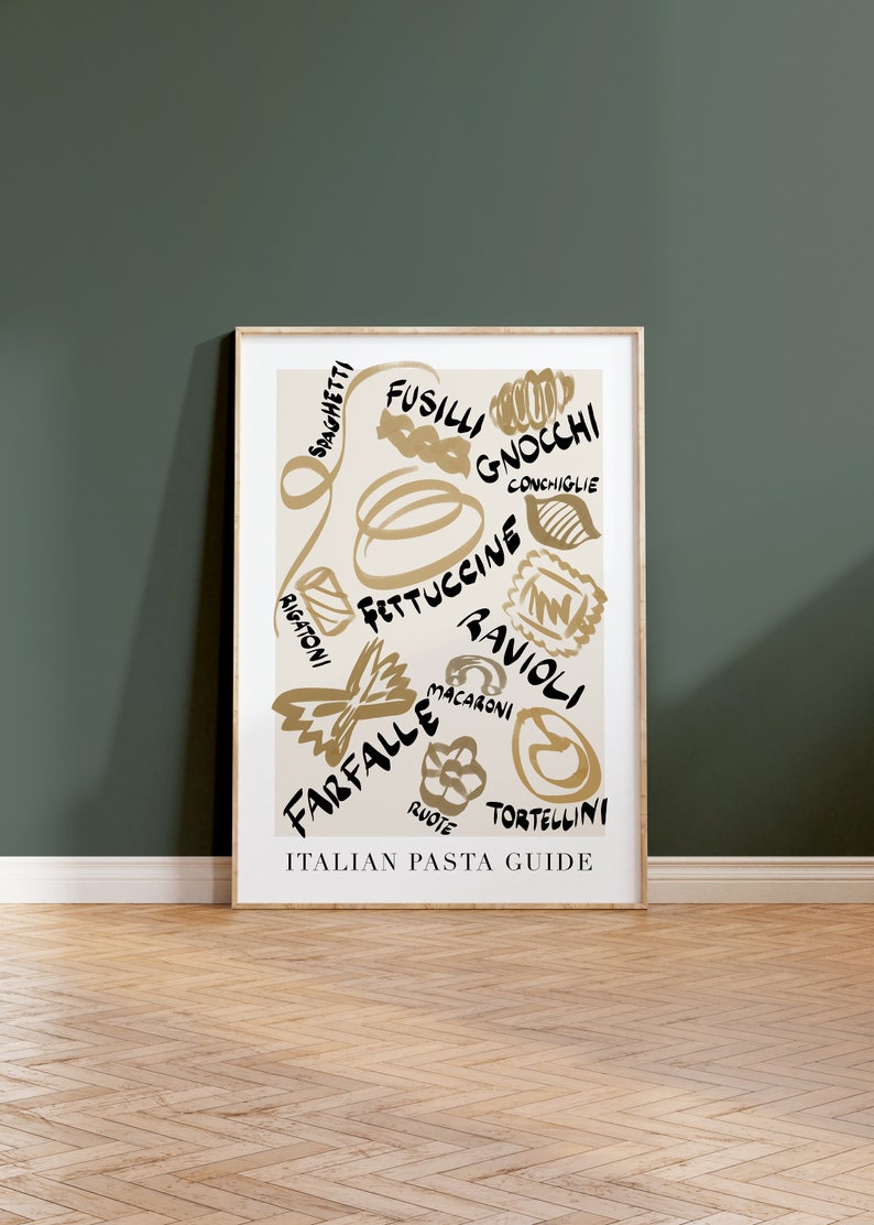 Może przedstawiać: Beżowy plakat z złotą ilustracją r&oacute;żnych rodzaj&oacute;w włoskich makaron&oacute;w. Plakat zawiera tekst "ITALIAN PASTA GUIDE" na dole.