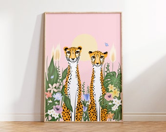 Tropical Cheetah Print / Bedroom Print / Bathroom Print / Wall Art Print / Pink / Wall Decor / Colourful / Wall Art / Animal / Nursery A4 A3