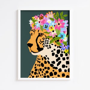 Flower Crown Cheetah Print / Bedroom Print / Bathroom / Animal / Colourful / Dark Green / Botanical / Wall Art / Retro / A5 A4 A3 A2