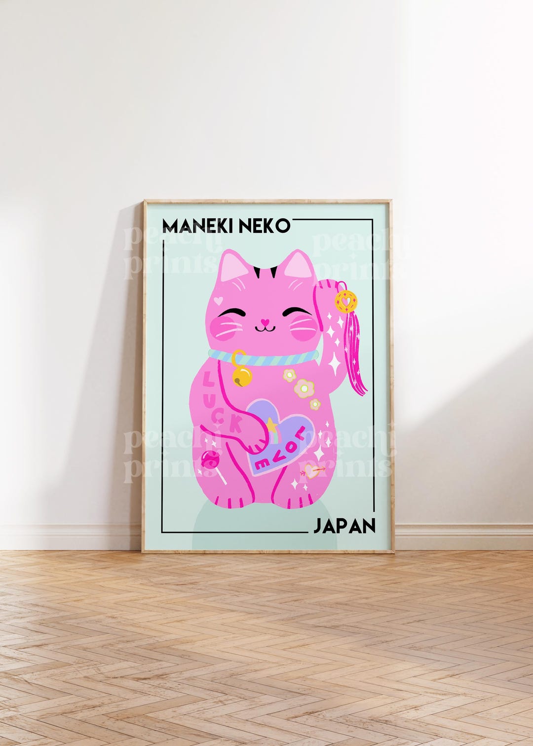 Maneki Neko Cat Print Bedroom Wall Art Lucky Cat Poster Decor Colourful ...