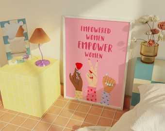 Empowered Women Print: Colourful Feminism Wall Art, Pink Girly Prints, Girls Room Decor