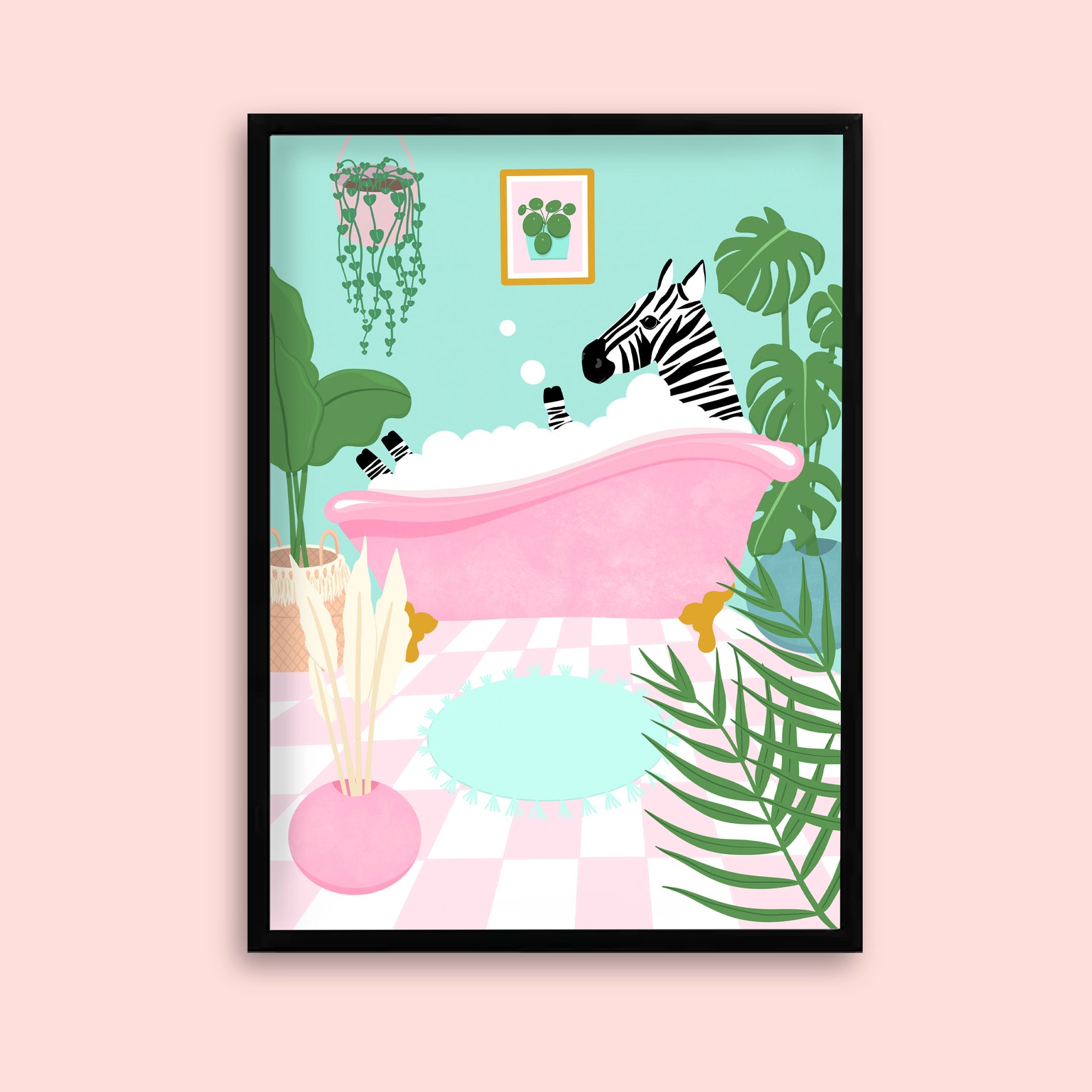 Pink Bath Zebra Print / Bathroom Print / Plants / Illustration Etsy