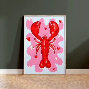 Impresión de amor con langosta, arte de pared rosa, impresiones divertidas y extravagantes para la cocina, arte gastronómico, impresión ecléctica y colorida, tamaño A5/A4/A3/A2