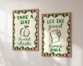 Bathroom Prints, Set of 2 Prints, Toilet Quote, Funny Bathroom Print, Green Bathroom